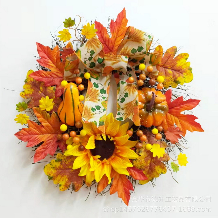 Handmade DIY Gratitude Harvest Festival Halloween Autumn Simulation maple leaf Sunflower Sunring Pumpkin real vine wreath details Picture