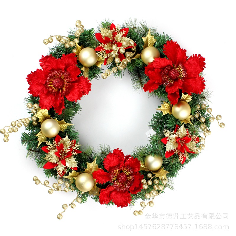 Desheng Cross-border E-commerce Factory supplies 2022 Christmas decorative handcrafted wreaths, red Christmas flower pine needle wreaths