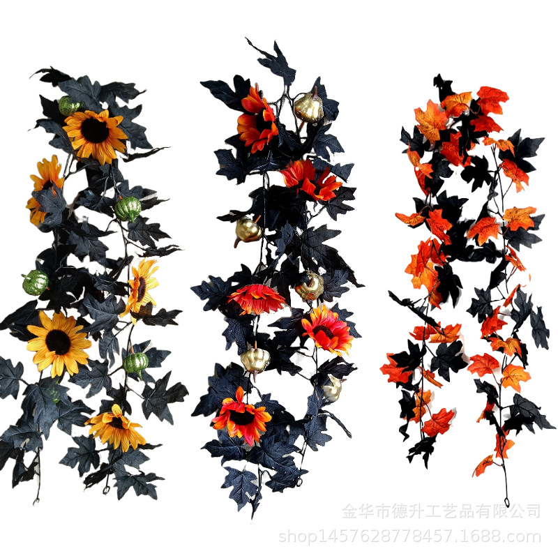 跨境亚马逊万圣节枫叶仿真黑叶藤条太阳花向日葵藤条万圣节装饰品