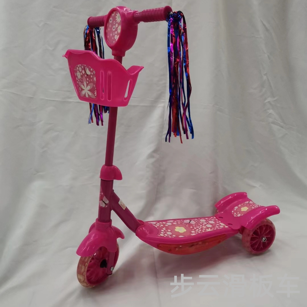 Children's scooters, sliding bikes, strollers with ribbons, storage baskets, floor with lights and music details Picture