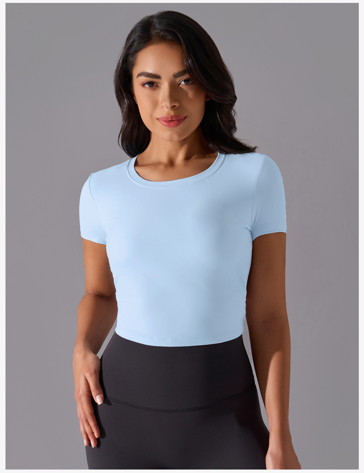 裸感亲肤健身t恤女短款百搭抽绳运动上衣固定杯瑜伽短袖D25061详情16