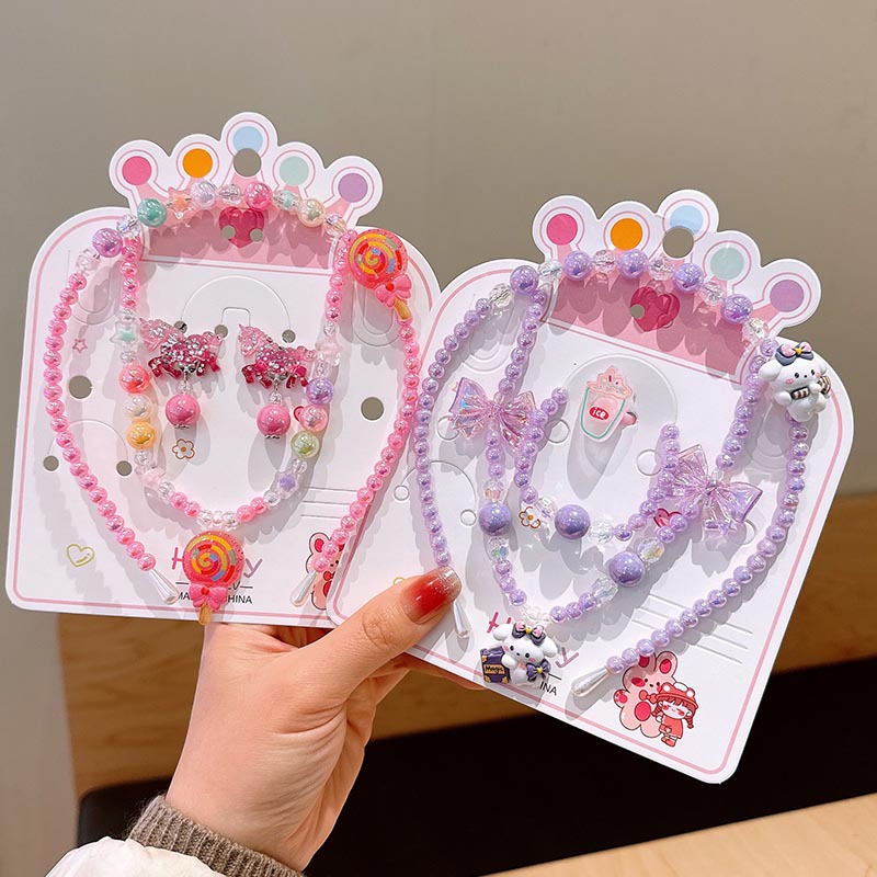 跨境新款儿童项链首饰套装炫彩串珠手链卡通发箍耳环公主女童配饰详情9