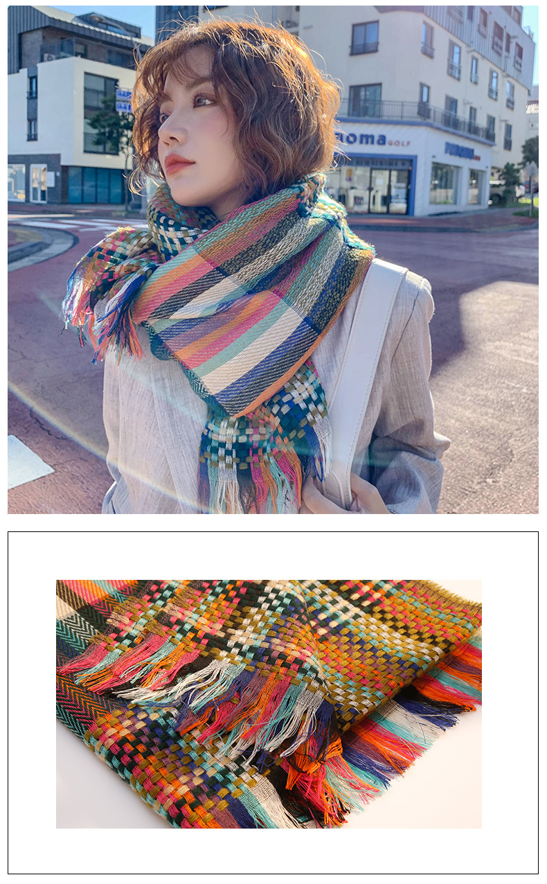 秋冬新款韩版围巾女草编彩条时尚披肩加长加厚保暖田园风围巾详情19