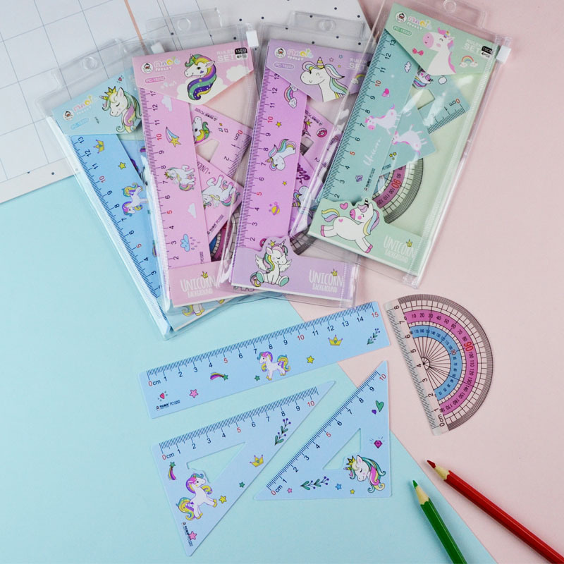 Ruler set, Unicorn cartoon student ruler set, 15cm straight ruler, set of set, protractor, 4-piece custom ruler pic 12