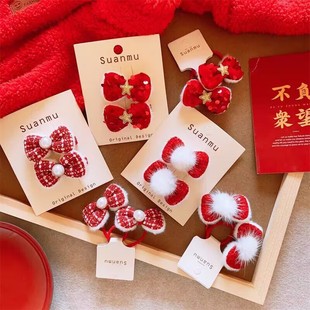 新年款红色古风流苏发夹儿童汉服发卡头饰女童复古蝴蝶结发夹发饰详情16