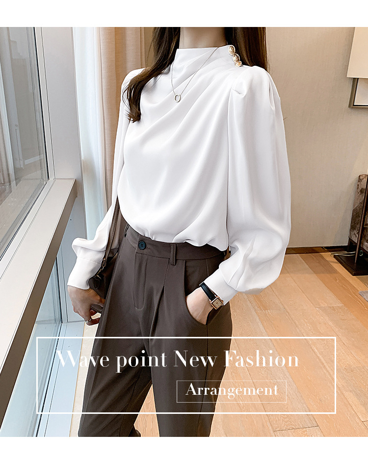 外贸供货2023轻熟气质立领褶皱灯笼袖时尚长袖上衣宽松女士衬衫详情56