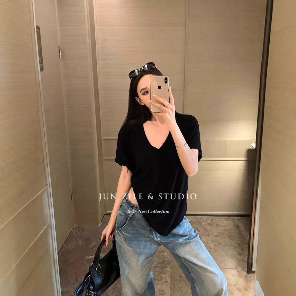 基础款纯色简约百搭舒适慵懒风薄款上衣U领打底衫内搭长袖t恤女详情11