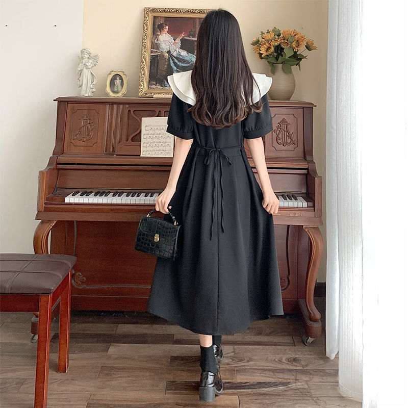 胖MM大码夏新款文艺复古小清新法式荷叶领收腰系带连衣裙短袖显瘦详情16