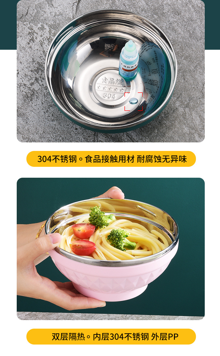 Large-capacity 304 stainless steel bowl, student Nordic colorful bowl, double-layer heat-insulating soup bowl, household cafeteria rice bowl and soup basin pic 18