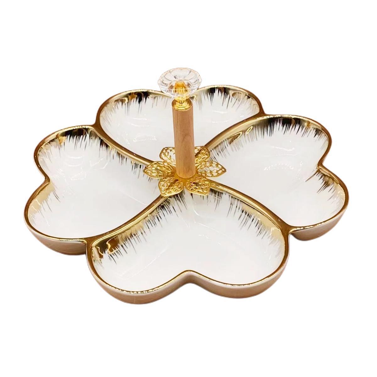 A pure white petal-shaped fruit platter with electroplated gold and multiple compartments, a hand-held restaurant banquet food platter pic 18