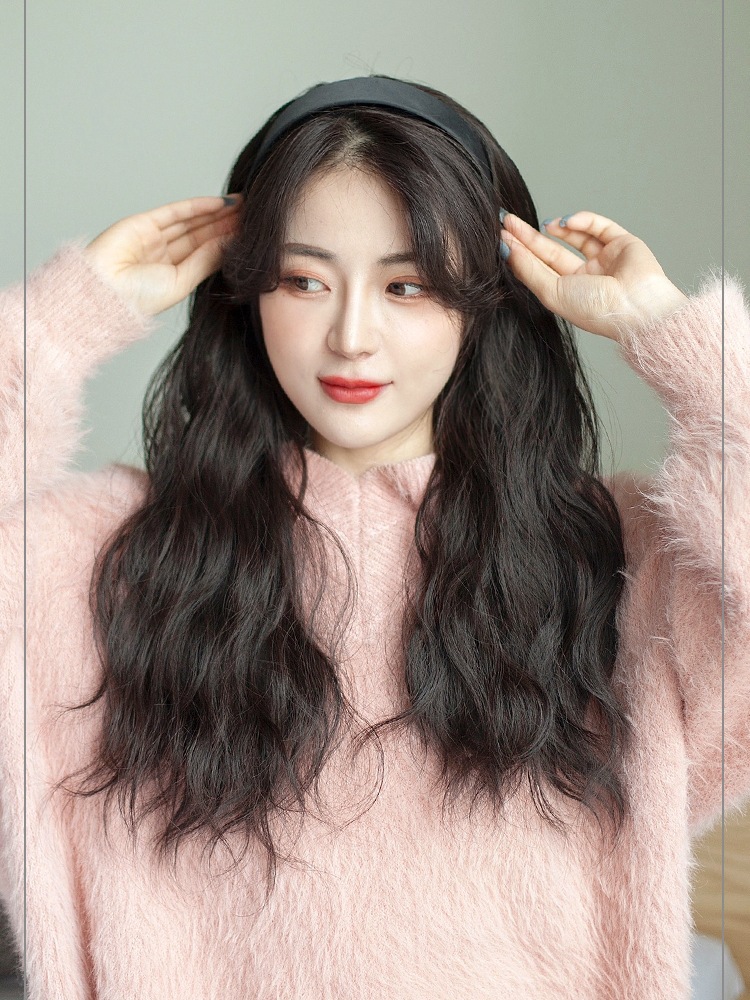 Black hairband wig one-piece long water ripple corn silk permed long curly hair half head cover pic 10