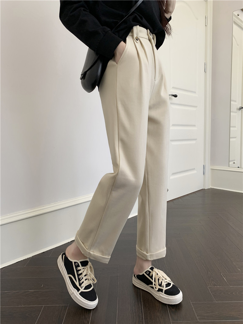 Apricot-colored woolen pants for women in the autumn and winter of 2022: loose, slimming, thickened, warm, and casual, grandma and dad pants pic 4