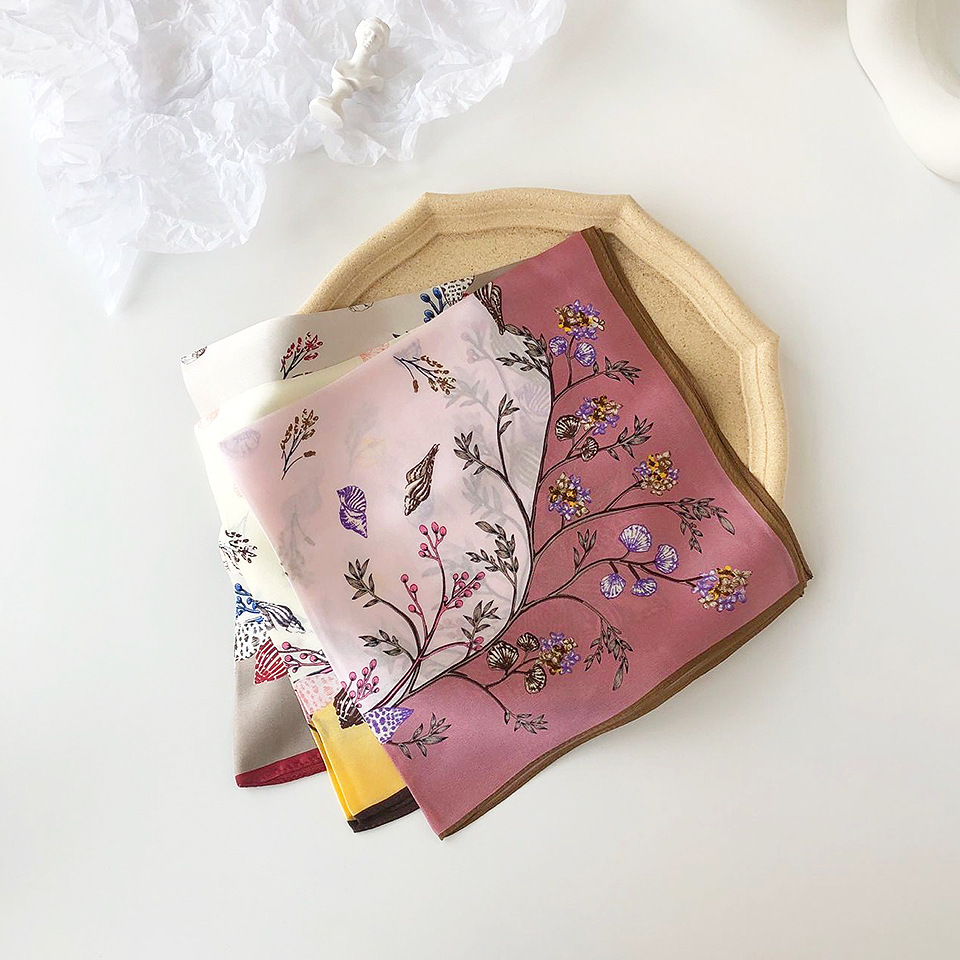 Wholesale silk scarves for overseas gifts and return gifts, cross-border silk autumn and winter decorative plain crepe satin 53cm floral neckerchiefs, small square scarves pic 47