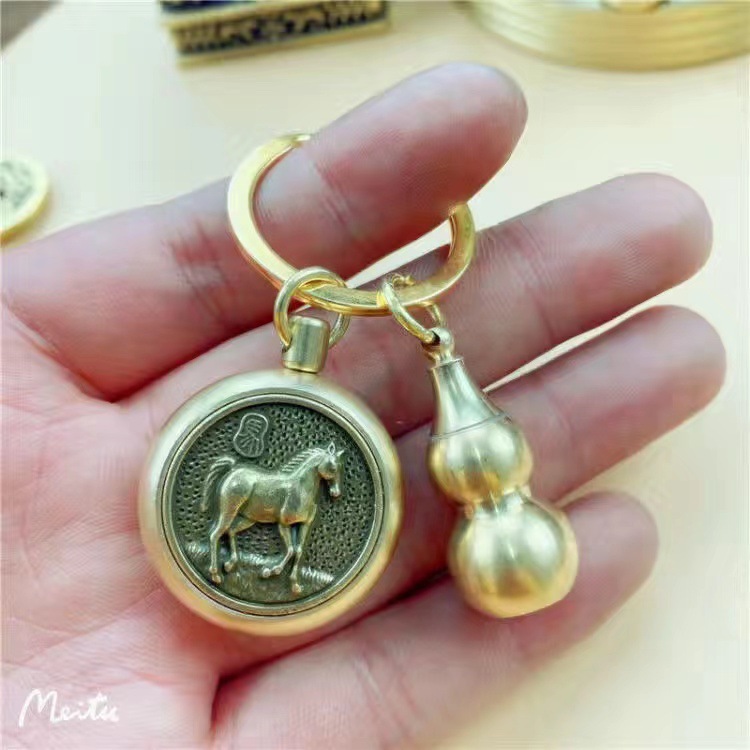 Pure copper retro 12 Chinese zodiac money transfer keychain, handcrafted brass cinnabar handle, car key chain pendant pic 16