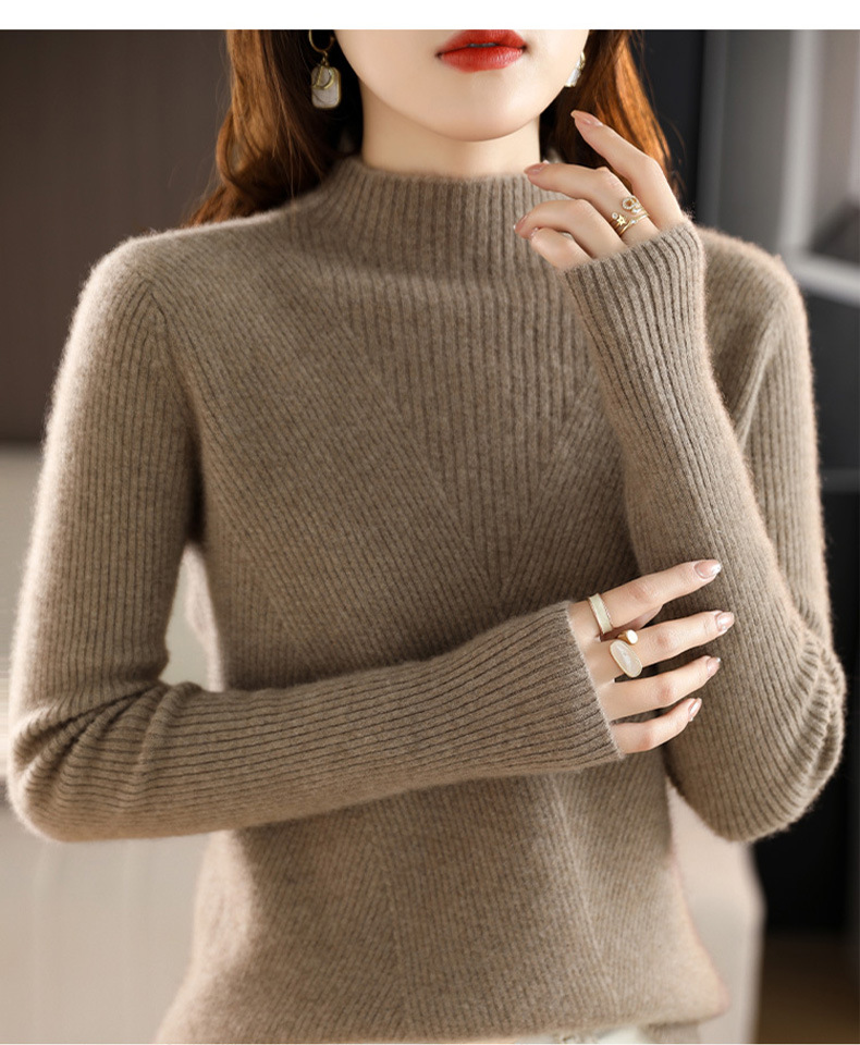 Autumn and winter stand-up collar wool core-spun yarn sweater for women, semi-high collar solid color slim fit, paired with a base layer for women 2022 new style pic 35