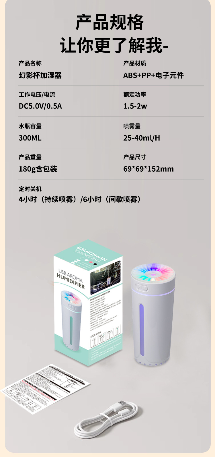 新款USB迷你幻影杯加湿器 家用室内桌面车载空气净化香薰机 车内吸顶灯空气净化器详情15