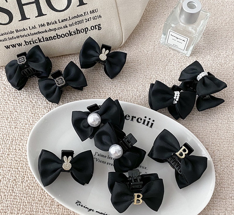 小号蝴蝶结抓夹公主头珍珠发夹女黑色侧边刘海加顶夹发卡夹子头饰详情1