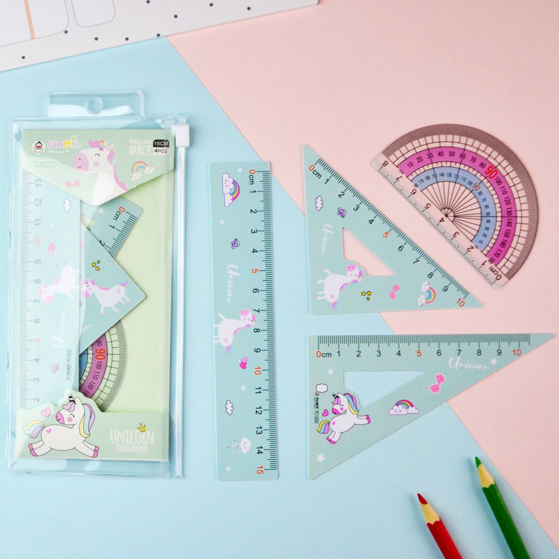Ruler set, Unicorn cartoon student ruler set, 15cm straight ruler, set of set, protractor, 4-piece custom ruler pic 13