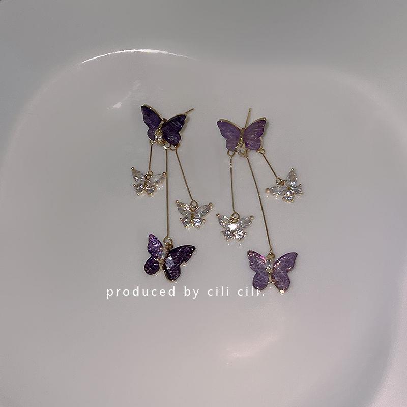 开春啦!超仙紫色蝴蝶长款流苏耳饰耳钉耳环浪漫温柔无耳洞耳夹详情3