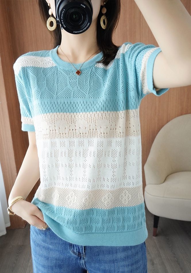 t恤高档夏季女装新款宽松韩版上衣女士针织衫短袖打底衫碎花条纹详情18