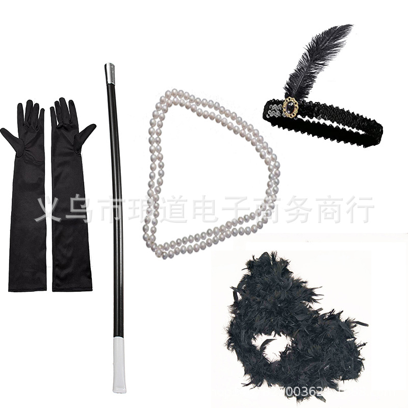 Gatsby Party Feather alloy headband, pearl necklace, cigarette stick glove set, retro Hepburn outfit accessories pic 27