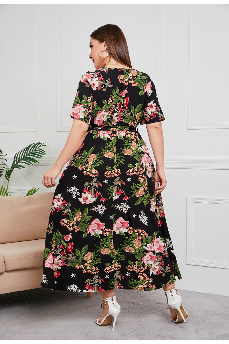 2024 Cross-border new French-style elegant plus-size dress with a V-neck, short sleeve and cinched waist, featuring a simple floral design pic 22