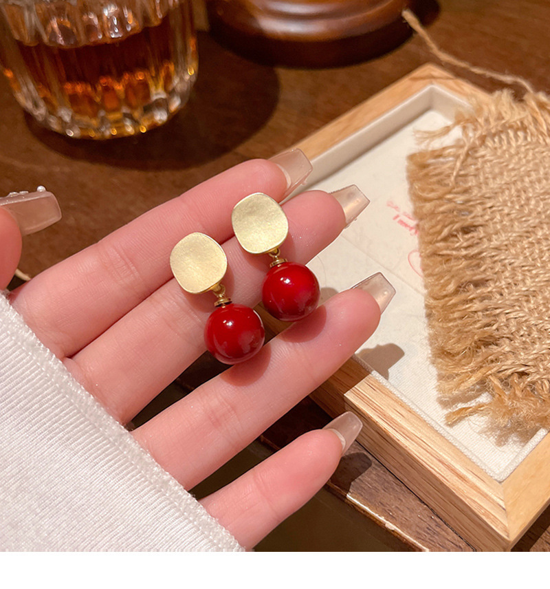 新年喜庆安可拉红色珠子耳钉女哑光拉丝几何形耳钉港风复工耳饰品详情23