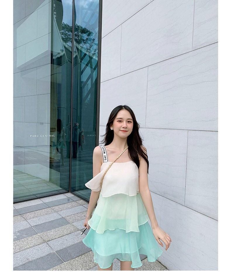 夏季新款时尚气质百搭韩版女装吊带裙粉色雪纺连衣裙无袖渐变裙子详情13