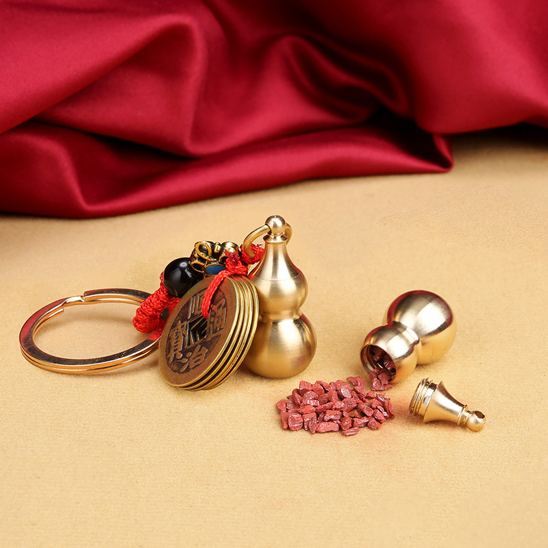 Brass hollow gourd key chain, cinnabar bottle with open lid, copper gourd Five Emperors coin key pendant, direct supply from the manufacturer pic 7