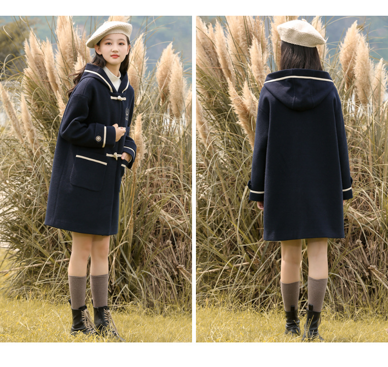 21516 College-style woolen coat 2021 Autumn/Winter new style for junior high school students, winter wear for girls with horn buttons and woolen fabric pic 15