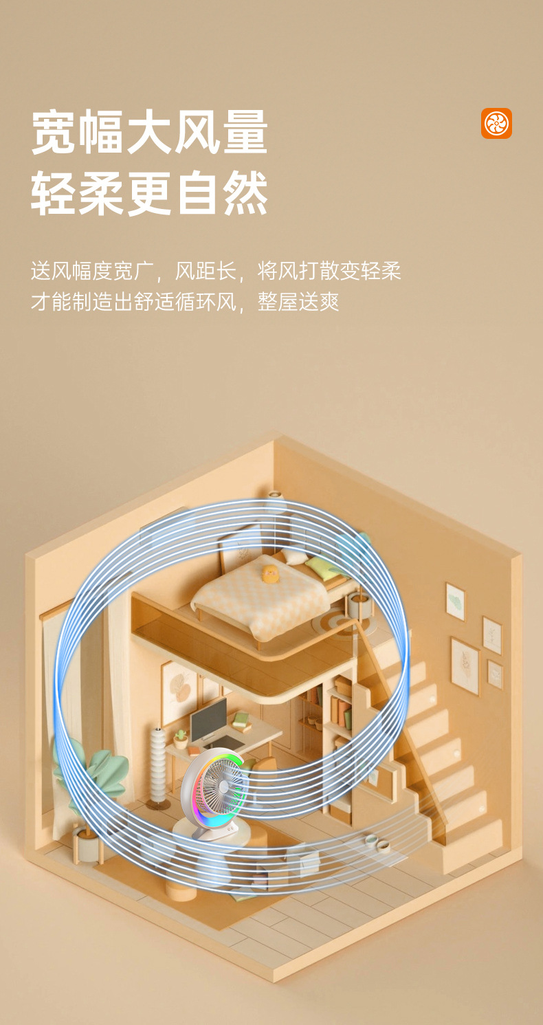 外贸爆款桌面风扇跑马灯台灯风扇充电跨境七彩灯光循环扇充插两用详情9