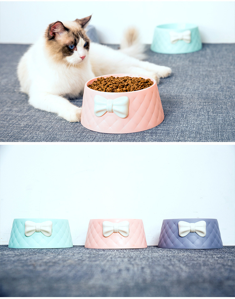 New cute bow pet bowl, ins diamond-shaped pattern pet cat bowl, leak-proof dog bowl and basin pic 7
