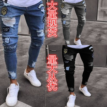 跨境欧美徽章刺绣男士牛仔裤膝盖破洞拉链小脚裤外贸大码牛仔长裤详情1