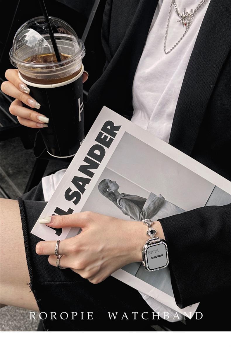 适用苹果apple watch表带Ultra2金属四叶草贝母iwtch小众s9手表链详情8