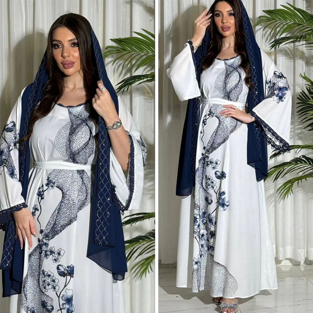 XQY500263 Cross-border Middle East Muslim Robe Dubai Arab printed Robe Dress with belt pic 16
