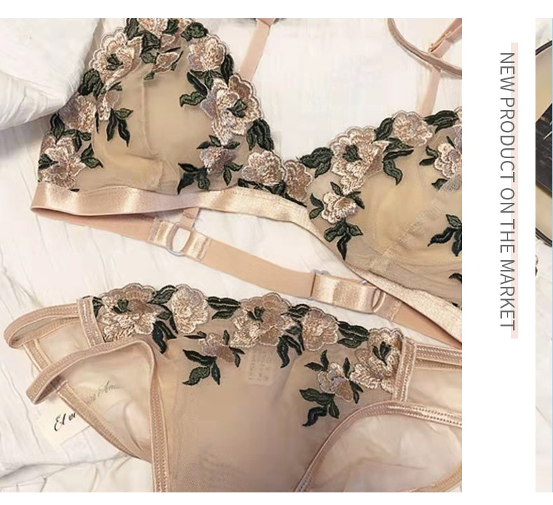 法式刺绣三角杯无钢圈内衣薄款透视网纱文胸有棉垫性感文胸套装详情11