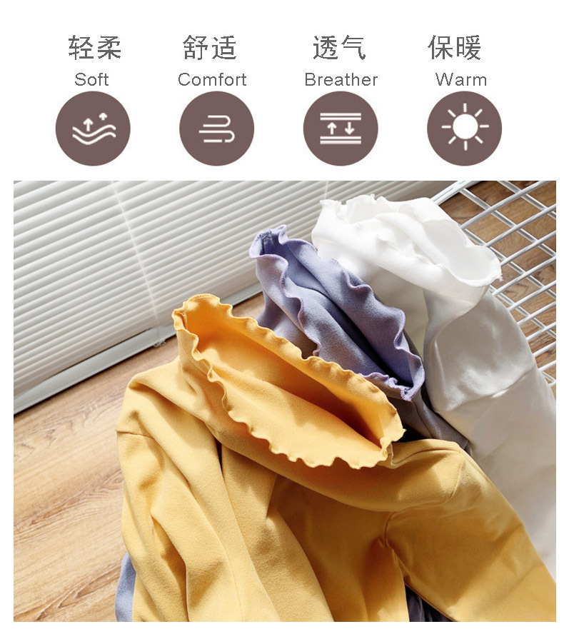 The 2022 autumn and winter new style base shirt for women is a semi-high-neck long-sleeved solid color with black fungus edges, paired with a fitted and warm German velvet top pic 17