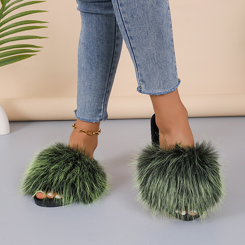 2024新款长毛绒拼色平底毛毛拖鞋女秋冬居家室内地板拖外贸一字拖详情13