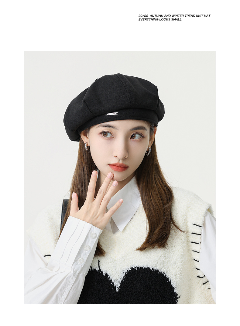 韩版秋冬毛呢金属标贝雷帽子女八角帽大头围显脸小时尚文艺画家帽详情5