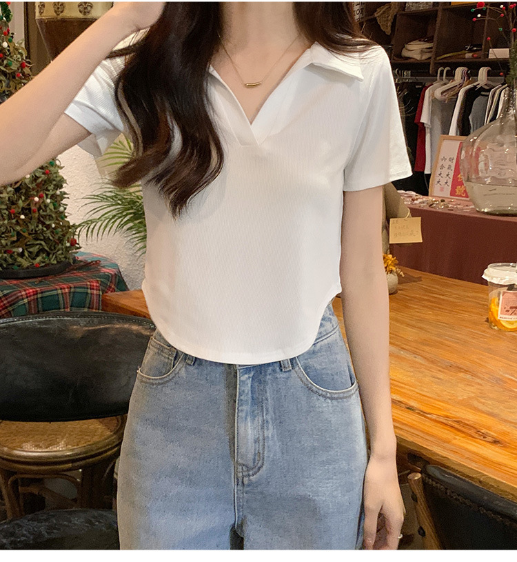 Irregular Polo collar short-sleeved shoulder T-shirt for women, with a unique and pure design sense, tight-fitting innerwear and base layer top pic 21