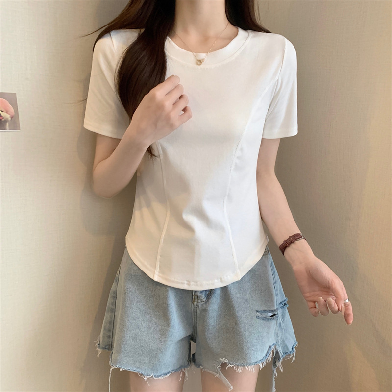 夏季新款短袖t恤女装正肩紧身设计感短款纯欲不规则下摆弧形上衣详情6