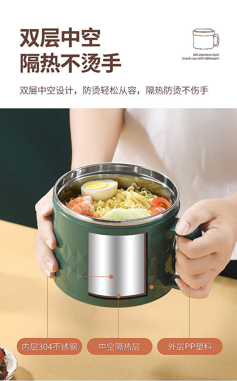304不锈钢泡面碗带盖保温碗宿舍用学生饭盒杯 带手柄吃饭碗高颜值详情9
