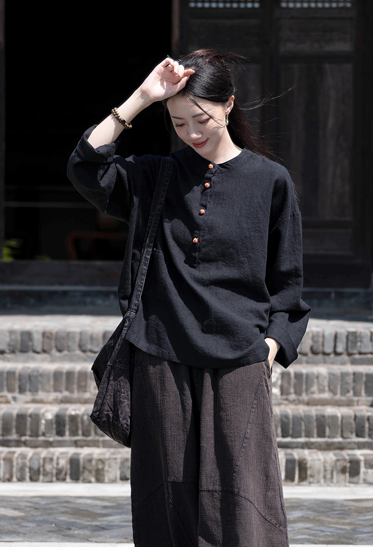 2024春夏棉麻女装新品亚麻立领拼色盘扣套头大码上衣女式棉麻衬衫详情30