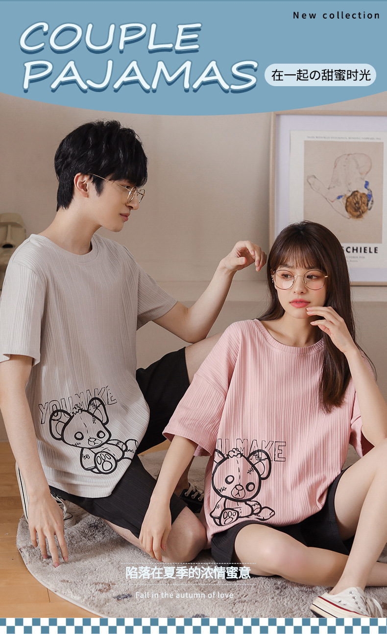 Novedades pareja manga corta pantalones cortos pijamas mujer verano slim algodón peinado hombre traje de hogar suelto casual cartoon pic 104