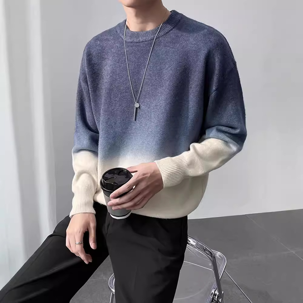 渐变色针织衫修身套头潮流圆领加厚打底衫轻熟风韩版秋冬男士毛衣详情2
