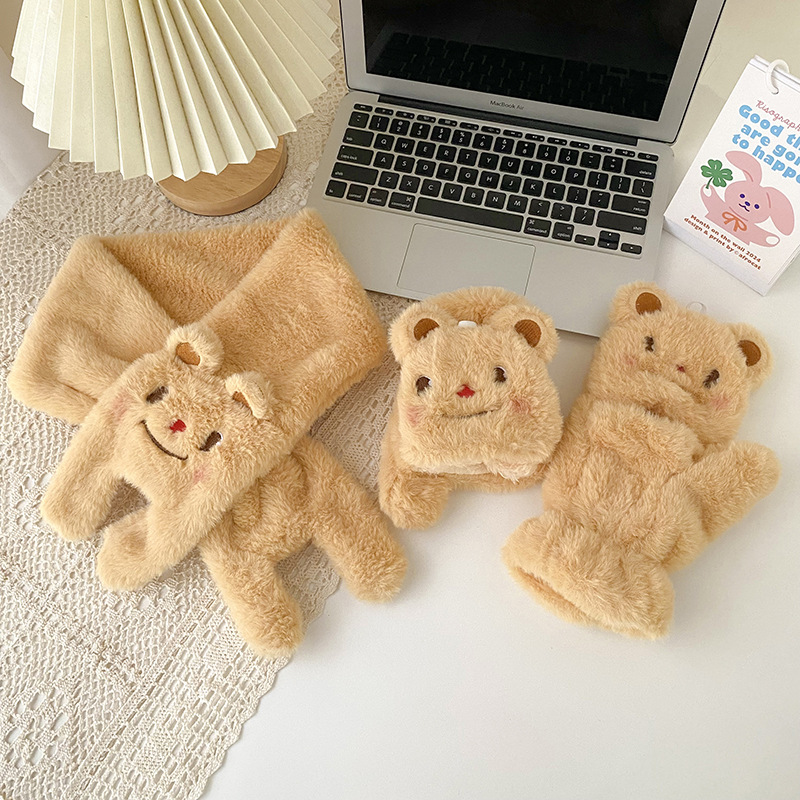 手套冬季女可爱卡通黄色小熊毛绒翻盖骑行学生保暖加绒加厚围巾详情13