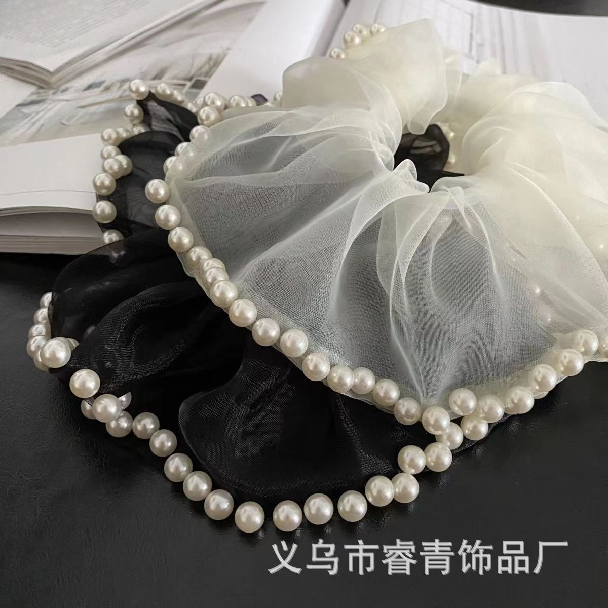 法式优雅高颜值珍珠发圈超大网纱百搭大肠发圈欧根纱钉珠皮筋爆款详情4