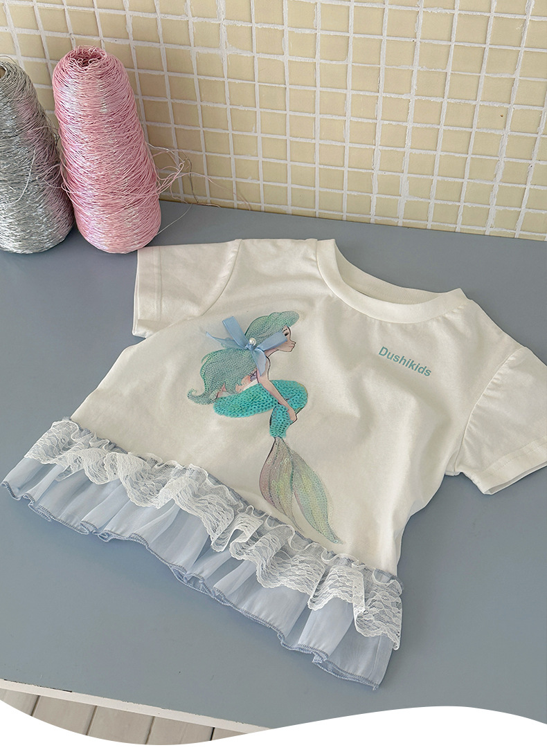 A new summer lace patchwork short-sleeved shirt for girls in 2025, a sweet and fashionable T-shirt for children pic 15