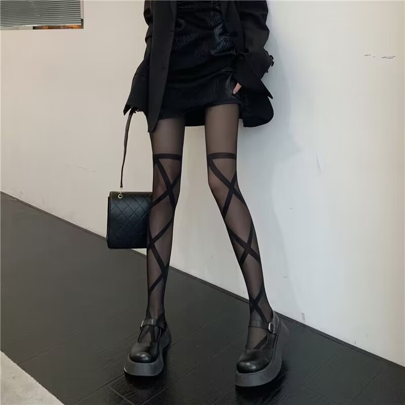 交叉绑带性感黑丝袜女防勾丝耐穿薄款辣妹纯欲风jk黑丝瘦腿连裤袜详情4