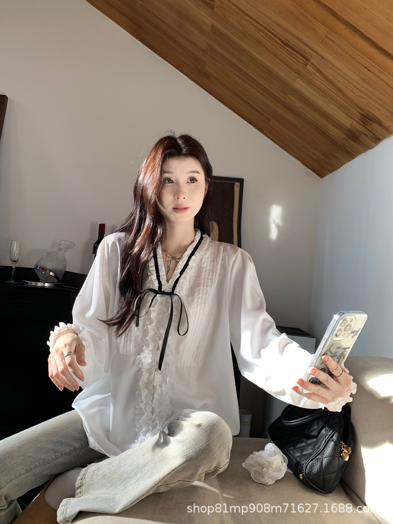 法式千金早春压褶小众气质名媛甜美系带蝴蝶结衬衫女长袖白衬衣女详情6